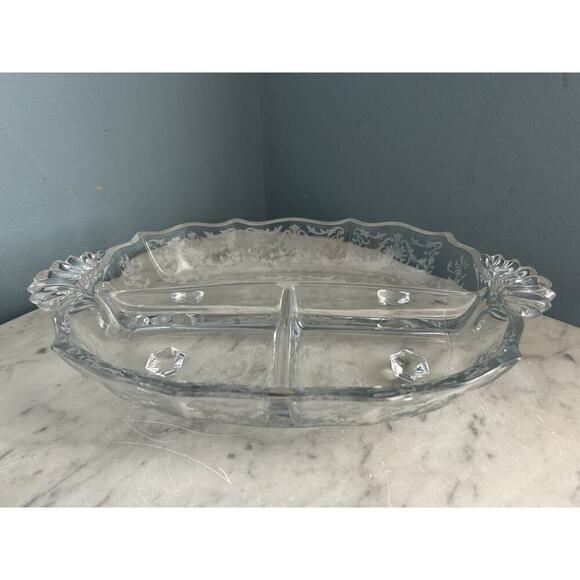 Fostoria Meadow Rose 3 Part Glass Footed Relish Dish Etched Crystal Vintage - Picture 12 of 15